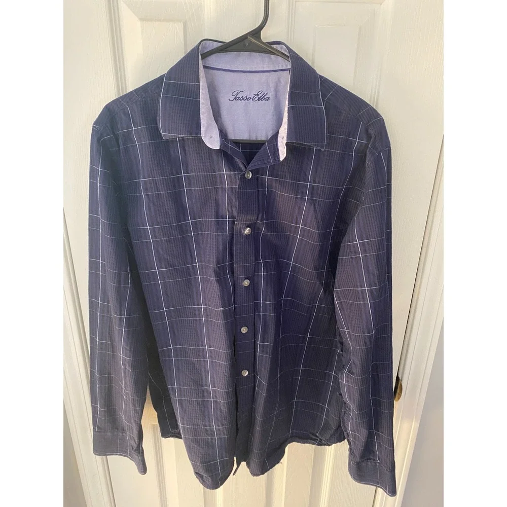 Tasso Elba Button Down Shirt Mens M Navy Blue Windowpane Check Long Sleeve